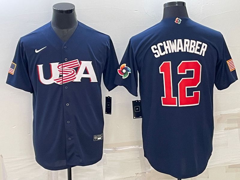 Men 2023 World Cub USA #12 Schwarber Blue Nike MLB Jersey7